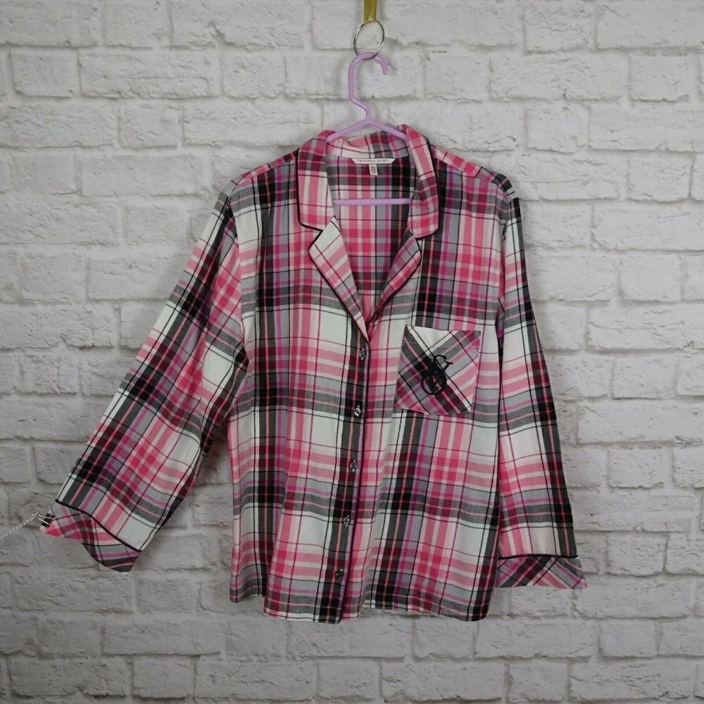 Victoria's Secret Pajama Top Long Sleeves Sleepwear Loungewear Pink Plaid Size L